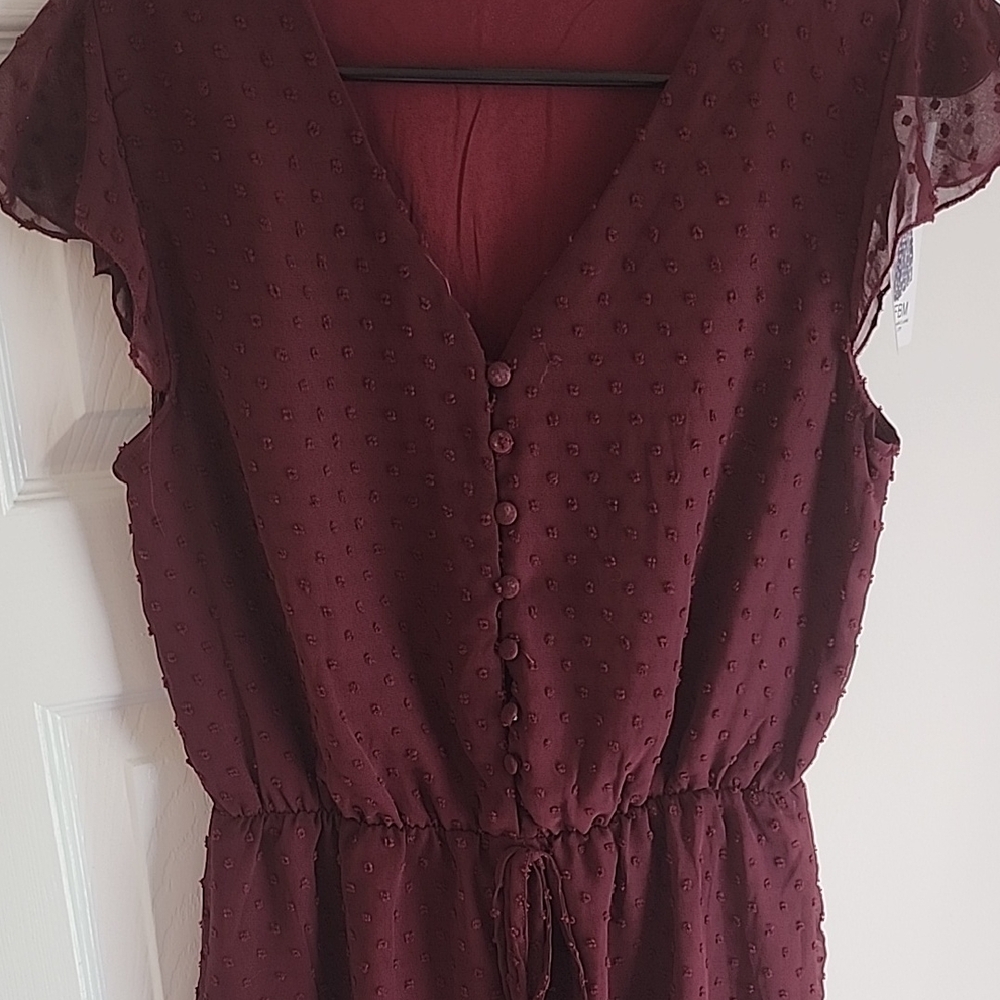 Wine Red Flutter Sleeve Romper with V-Neckline